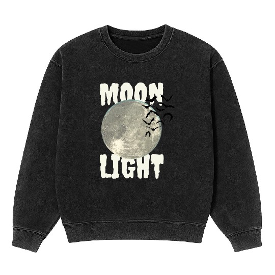 Dark Green Illustrated Moon Light Bat Mineral Wash Sweatshirts