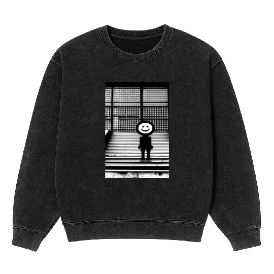 Smiley Face in Mineral Wash Sweatshirts Standing on the Steps Street