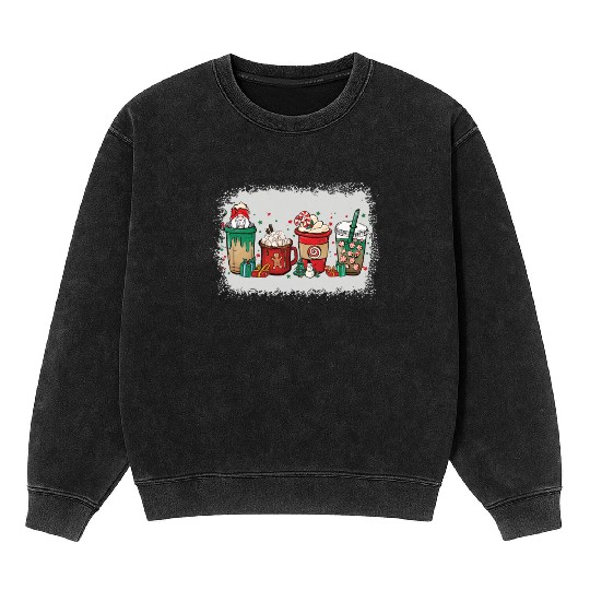 Christmas Coffee Cup Bleached Mineral Wash Sweatshirts