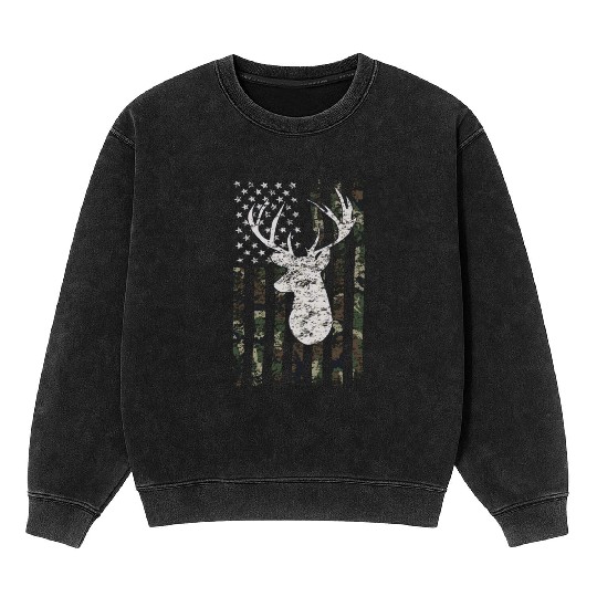 Buck Deer Hunting Camouflage Flag Hunter Mineral Wash Sweatshirts