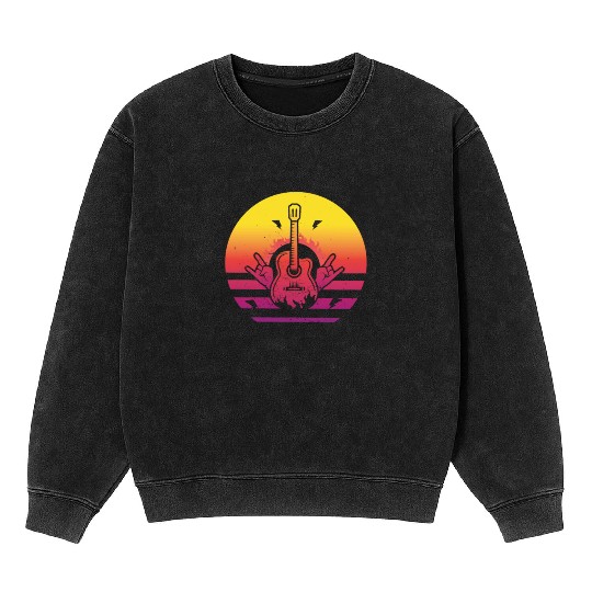 Rock and Roll Vaporwave Acoustic Guitar Guitarist Mineral Wash Sweatshirts