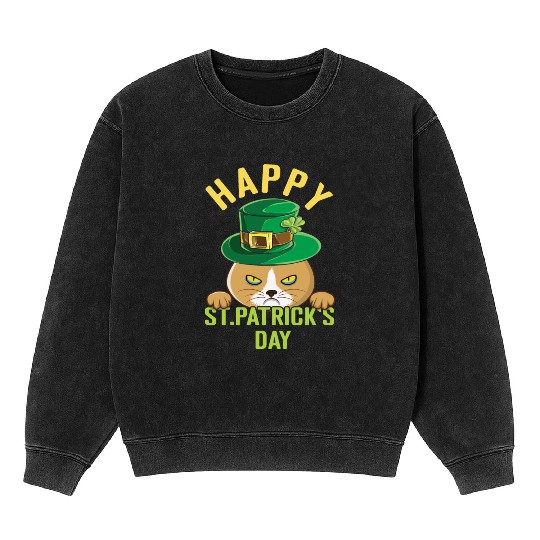 Angry Mad Cat Happy Saint Patrick Day Mineral Wash Sweatshirts