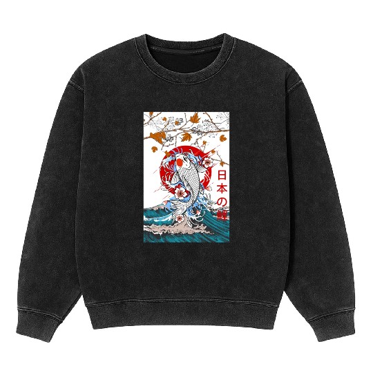 Great Wave off Kanagawa Japanese Blossom Koi Fish Mineral Wash Sweatshirts