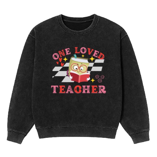 Valentines Day One Loved Teacher Retro Groovy Hear Mineral Wash Sweatshirts
