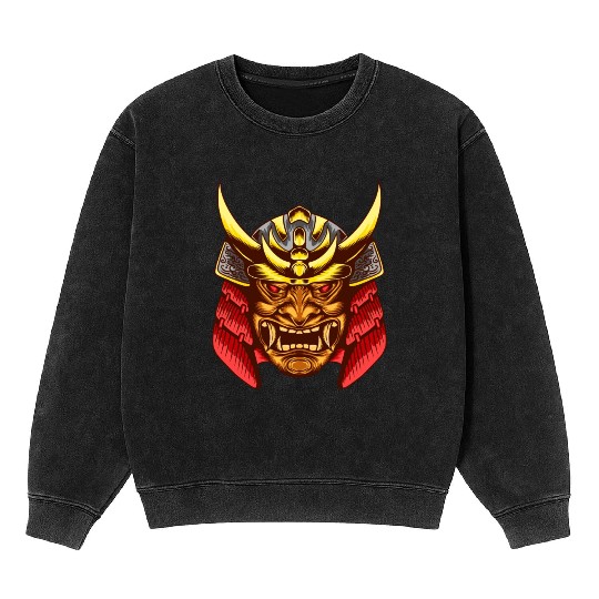 Japanese samurai warrior devil yellow and red mask Mineral Wash Sweatshirts