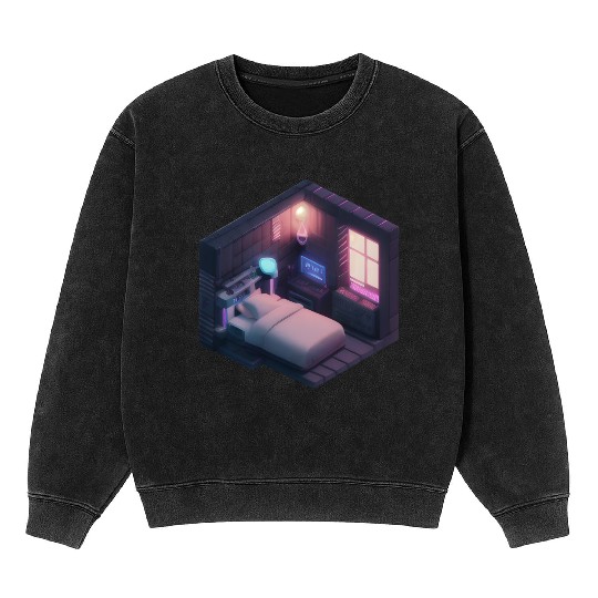 Isometric Voxel Bedroom - Synthwave Future Room Mineral Wash Sweatshirts