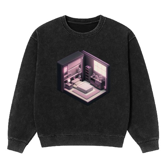 Isometric Voxel Bedroom - Synthwave Future Render Mineral Wash Sweatshirts