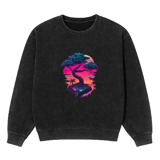 Synthwave Bonsai Tree Mineral Wash Sweatshirts