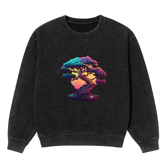 Synthwave Bonsai Tree Mineral Wash Sweatshirts