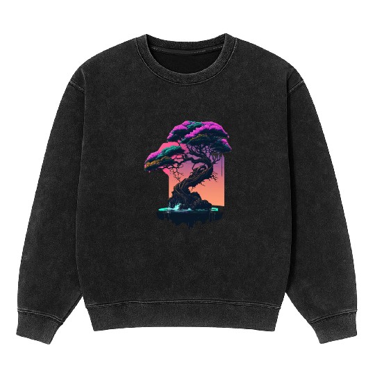 Synthwave Bonsai Tree Mineral Wash Sweatshirts