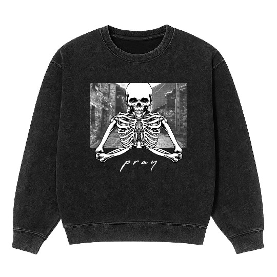 Pray Skeleton Streetwear Mineral Wash Sweatshirts