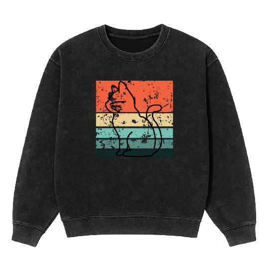 Cat Retro Streetwear Mineral Wash Sweatshirts