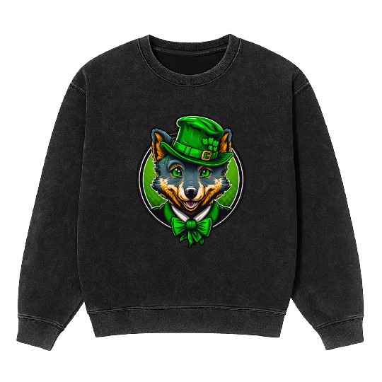 Cute Wolf St. Patrick's Day Hat With Green Eyes Mineral Wash Sweatshirts