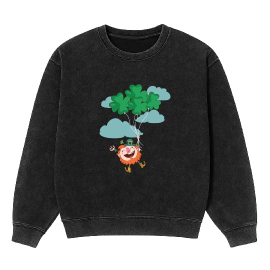 Lerechaun Hanging On Clover Balloons - St Patricks Mineral Wash Sweatshirts