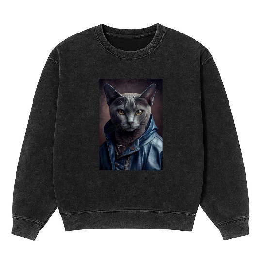 Russian Blue Cat Breed Portrait wears a leather j Mineral Wash Sweatshirts