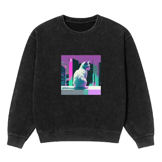 Vaperwave Aesthetic Glitch Cat Retrowave Synthwave Mineral Wash Sweatshirts