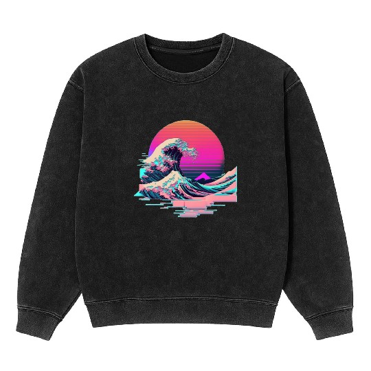 Vaperwave Aesthetic Glitch Great Wave Retrowave Sy Mineral Wash Sweatshirts