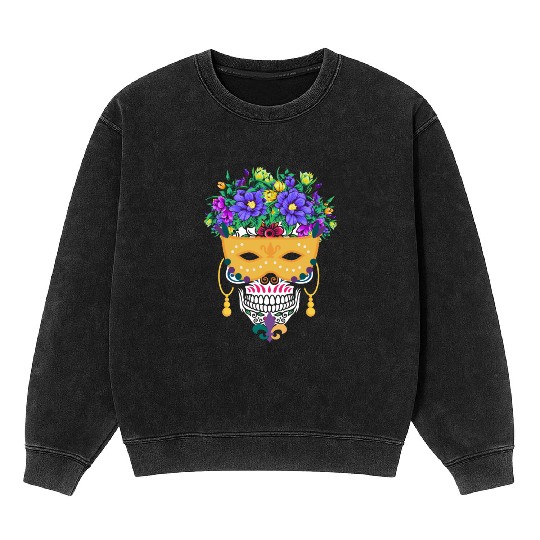 Mardi Gras Mask Dia De Los Muertos Flower Sugar Mineral Wash Sweatshirts