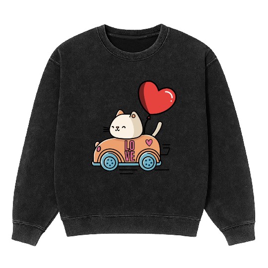 Cute cat in the love car, and love balloon Mineral Wash Sweatshirts
