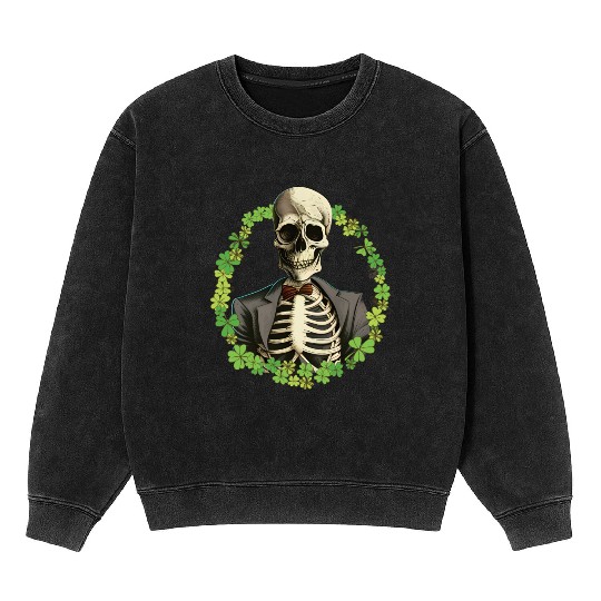 Skeleton Vintage Retro Creepy Cute Shamrock Mineral Wash Sweatshirts