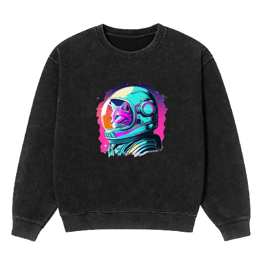 Aesthetic Vaporwave Space Cat 80s 90s Astronaut Mineral Wash Sweatshirts