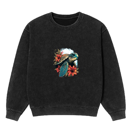 Turtle Hawaiian Sea Turtles Hibiscus Flower Mineral Wash Sweatshirts