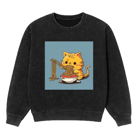 Japanese cat eating spaghetti Mineral Wash Sweatshirts