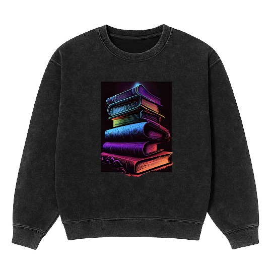 Synthwave Book Stacks Design - Retro Vibes Mineral Wash Sweatshirts