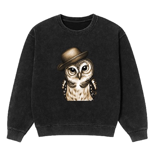 owl wearing derby hat - brown color Mineral Wash Sweatshirts
