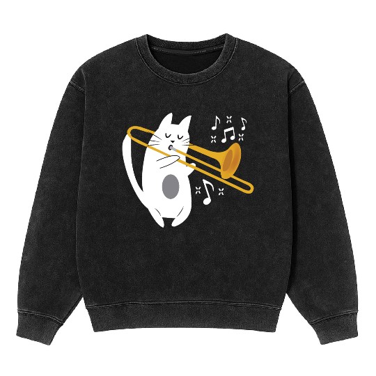 Trombonist Cat Trombone Player Music Lover Mineral Wash Sweatshirts