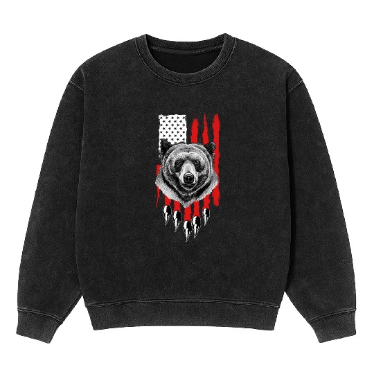 American US Flag Claw Grizzly Bear Hunting Patriot Mineral Wash Sweatshirts