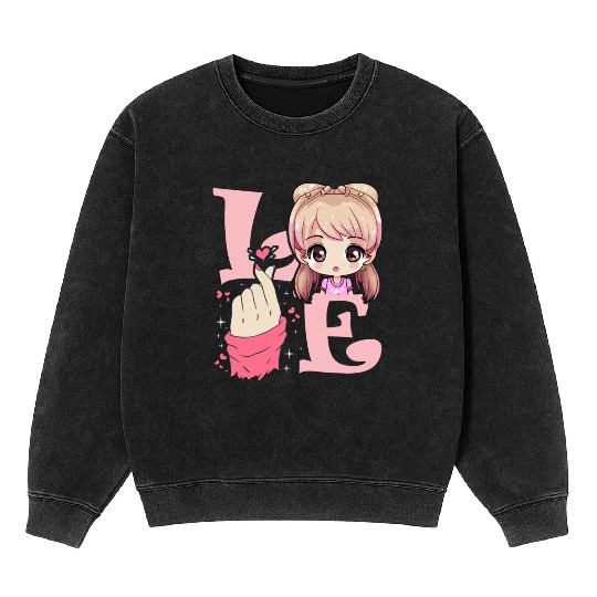 Love Saranghae Finger Heart Korean Anime Chibi Kpo Mineral Wash Sweatshirts