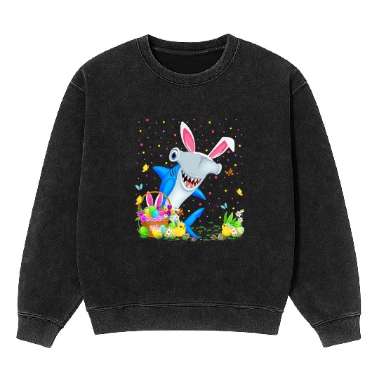 Shark Fish Easter Egg Hunting Hammerhead Shark Eas Mineral Wash Sweatshirts