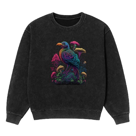 trippy patterns psychedelic Mushroom phoenix bird Mineral Wash Sweatshirts