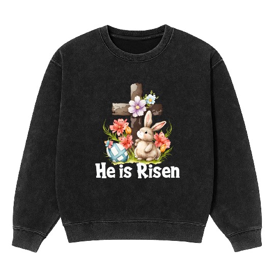 He Is Risen Cute Bunny Christianity Cross Mineral Wash Sweatshirts