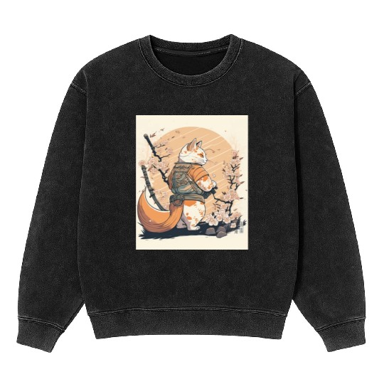 samurai katana cat vintage Mineral Wash Sweatshirts