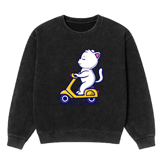 cute cat rid scooter cartoon icon illustration Mineral Wash Sweatshirts