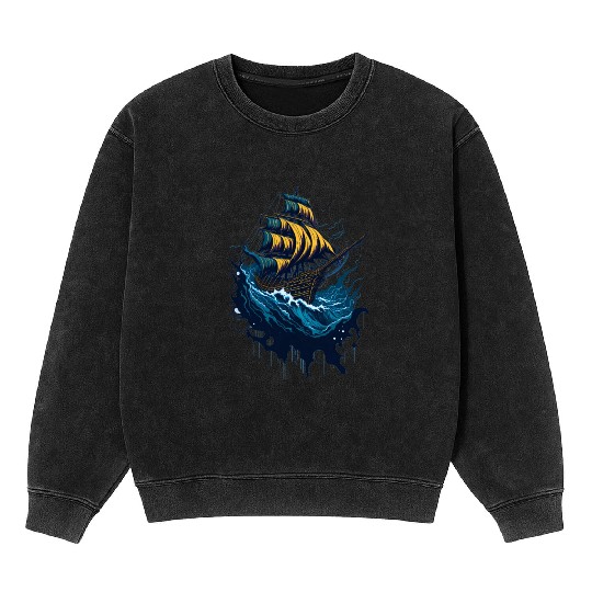 Pirate Ship in Stormy Seas Mineral Wash Sweatshirts