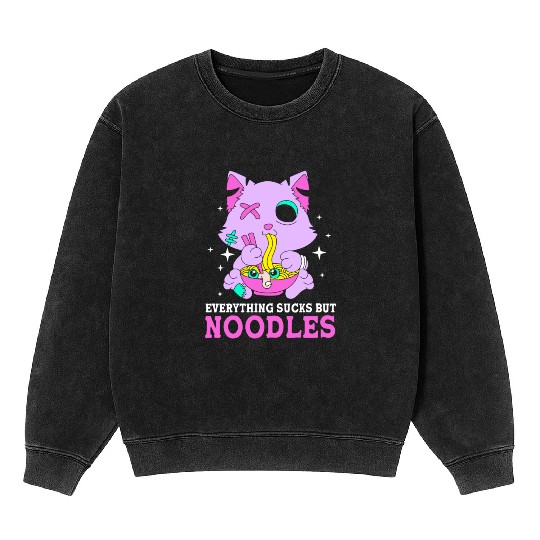 Pastel Goth Cat Ramen Everything Sucks But Noodles Mineral Wash Sweatshirts