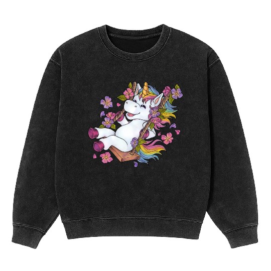 Cute unicorn on swing Flowers Spring gift children Mineral Wash Sweatshirts