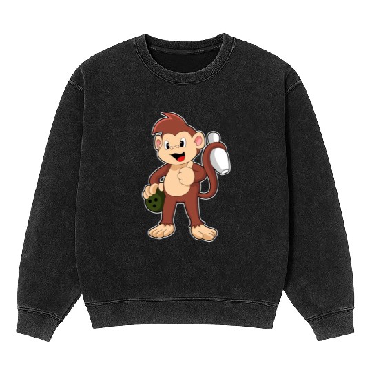 Monkey At Bowling With Bowling Ball Mineral Wash Sweatshirts