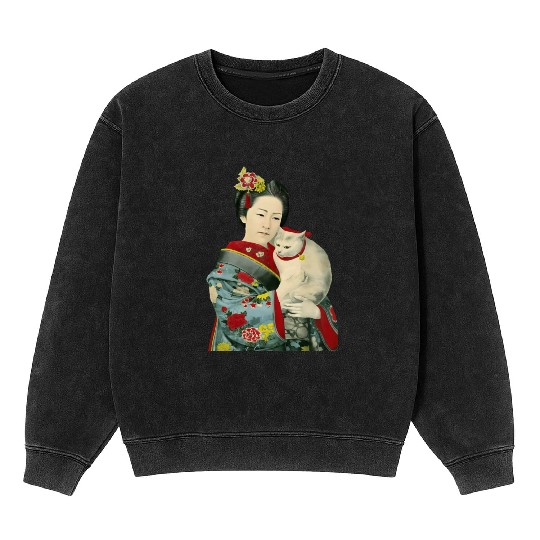 Geisha Cat Kimono Japanese Vintage Art Mineral Wash Sweatshirts