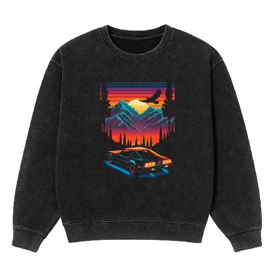 1980s Muscle Car and Retro Neon Mountain Sunset Mineral Wash Sweatshirts