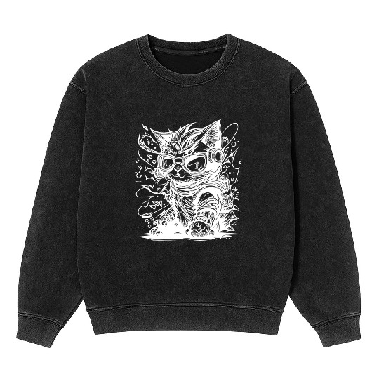 Little Cool Space Cat Splash Tattoo Style Mineral Wash Sweatshirts