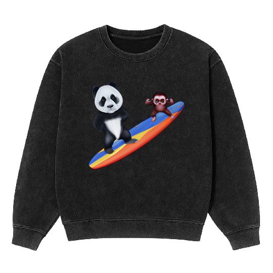 Surfing panda and monkey Mineral Wash Sweatshirts