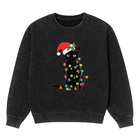 Black Santa Cat Tangled Up In Lights Christmas Mineral Wash Sweatshirts