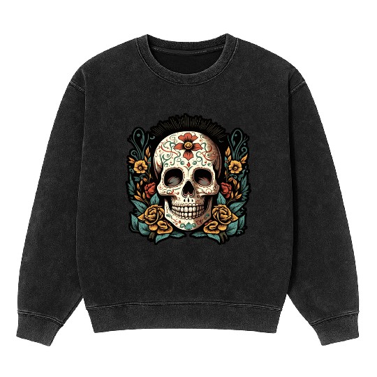 Skull Dia de los Muertos Halloween Tattoo Mineral Wash Sweatshirts