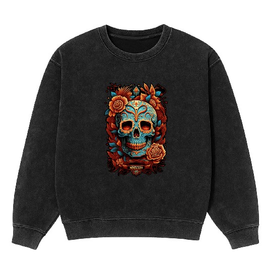 Skull Dia de los Muertos Halloween Tattoo Mineral Wash Sweatshirts