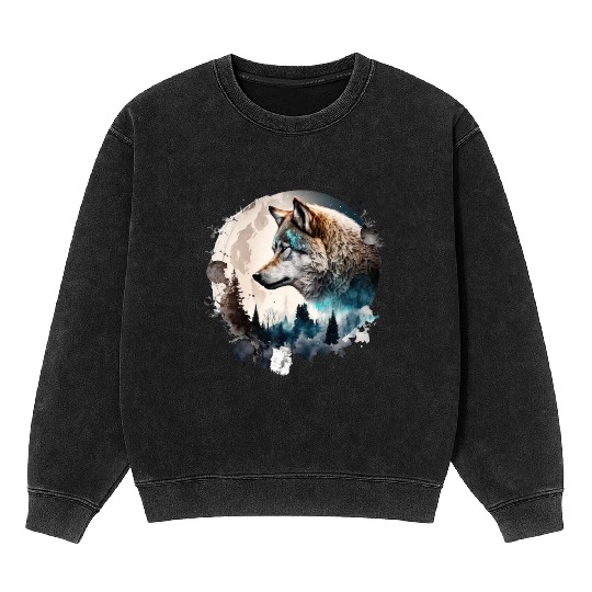 Wolf Moonlight Forest Wild Werewolf Watercolor Mineral Wash Sweatshirts