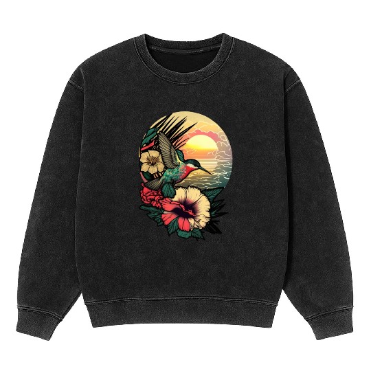Hummingbird flies over hibiscus flower Tropical Mineral Wash Sweatshirts